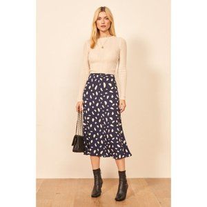 Reformation Navy and White Midi Skirt